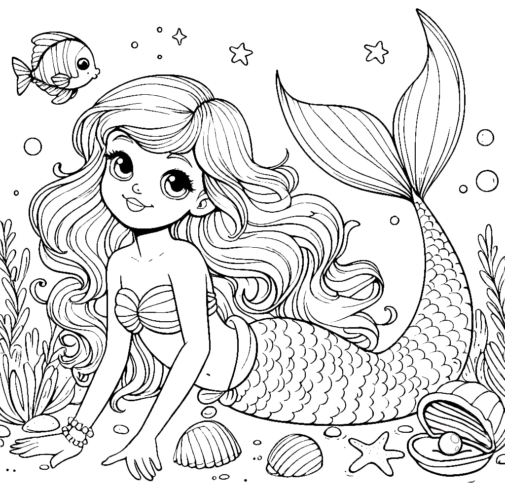 Mermaid in the Sea with Fish, Starfish and Shell with Pearl 🧜‍♀️🐠✨ Coloring Page
