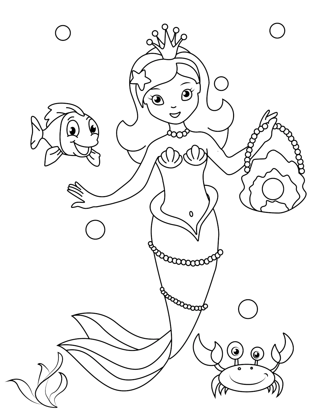 Mermaid Holding Pearl Handbag with Cute Fish and Crab 🧜‍♀️🐠✨ Coloring Page