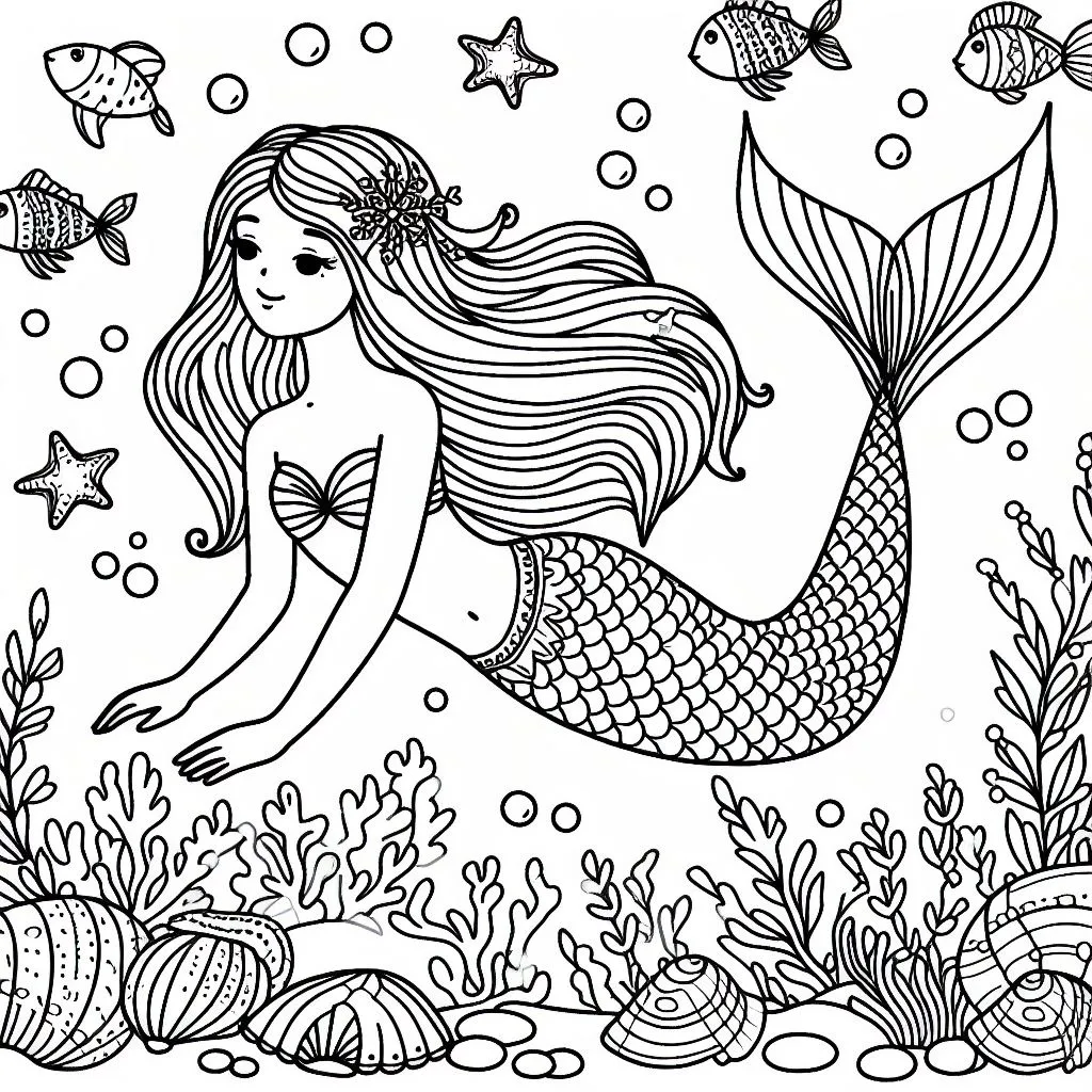 Mermaid in the Sea with Fish 🧜‍♀️🌊🐠 Coloring Page