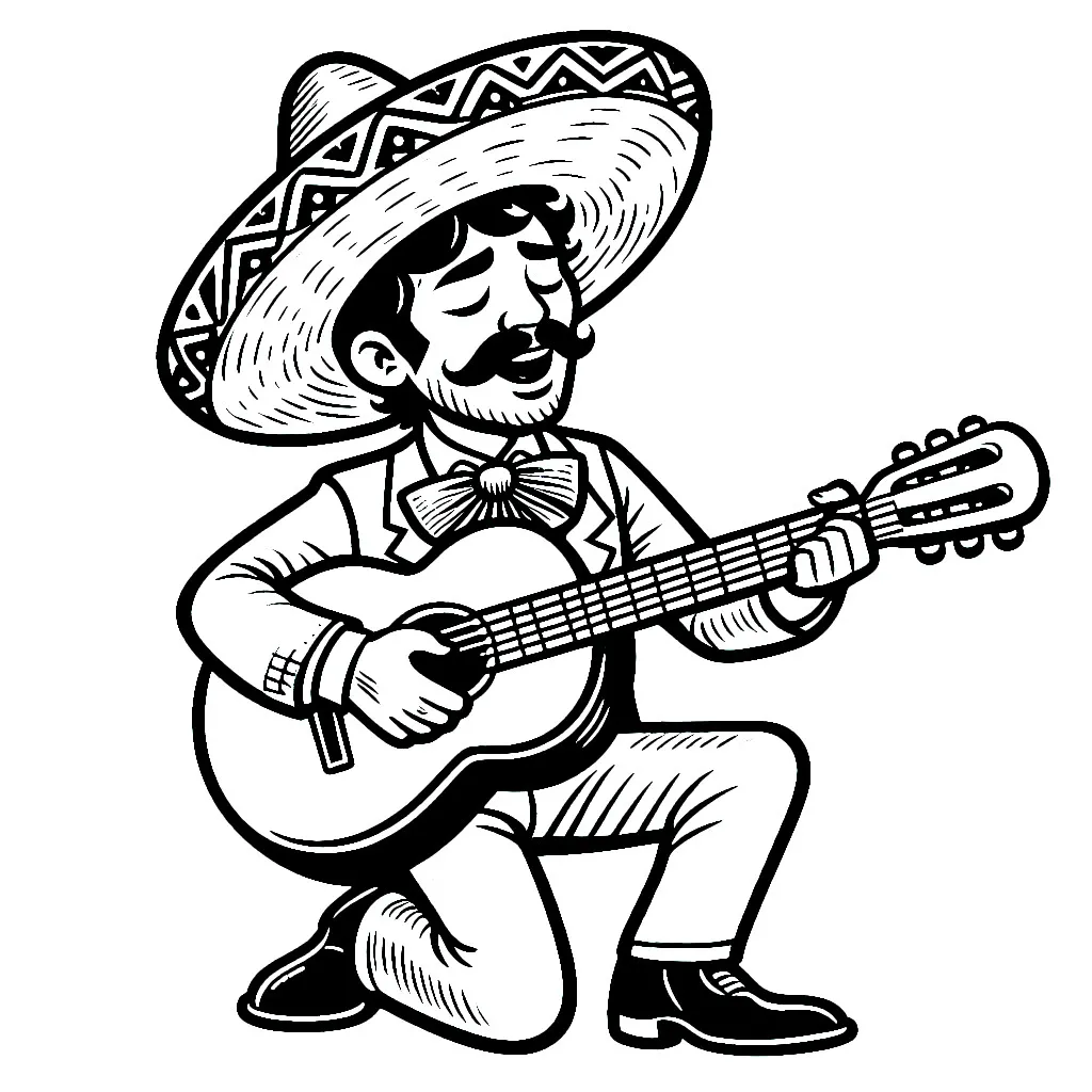 Mexican Man with Sombrero Playing Guitar and Singing Kneeling 🎶🎤🇲🇽 Coloring Page
