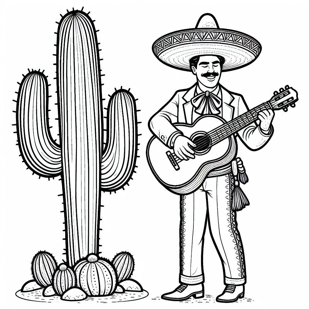 Mexican Man with Sombrero Playing Guitar Standing Next to Cactus 🎶🌵🇲🇽 Coloring Page