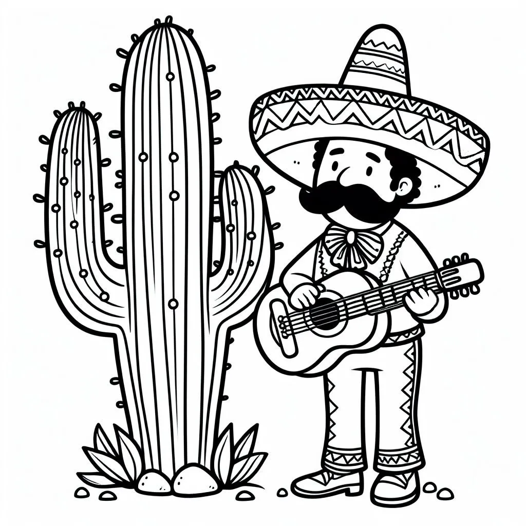 Cute Mexican with Sombrero Playing Guitar Standing Next to Cactus 🎶🌵🇲🇽 Coloring Page