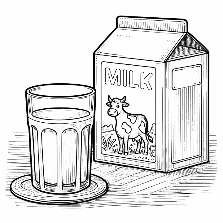 Millk Glass and Milk Carton with Cow 🥛🐄 Coloring Page