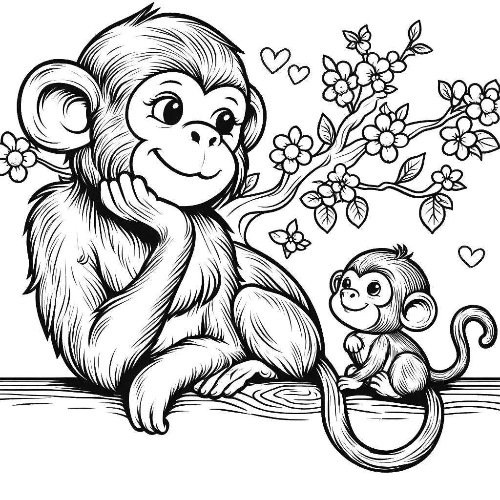 Monkey with Cute Infant Monkey at a Tree with Flowers 🐵👶🌸 Coloring Page