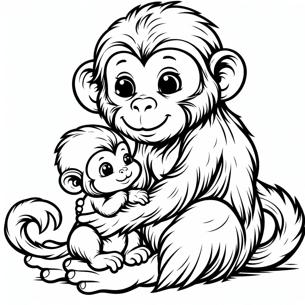 Monkey Holding Infant Monkey 🐵👶 Coloring Page