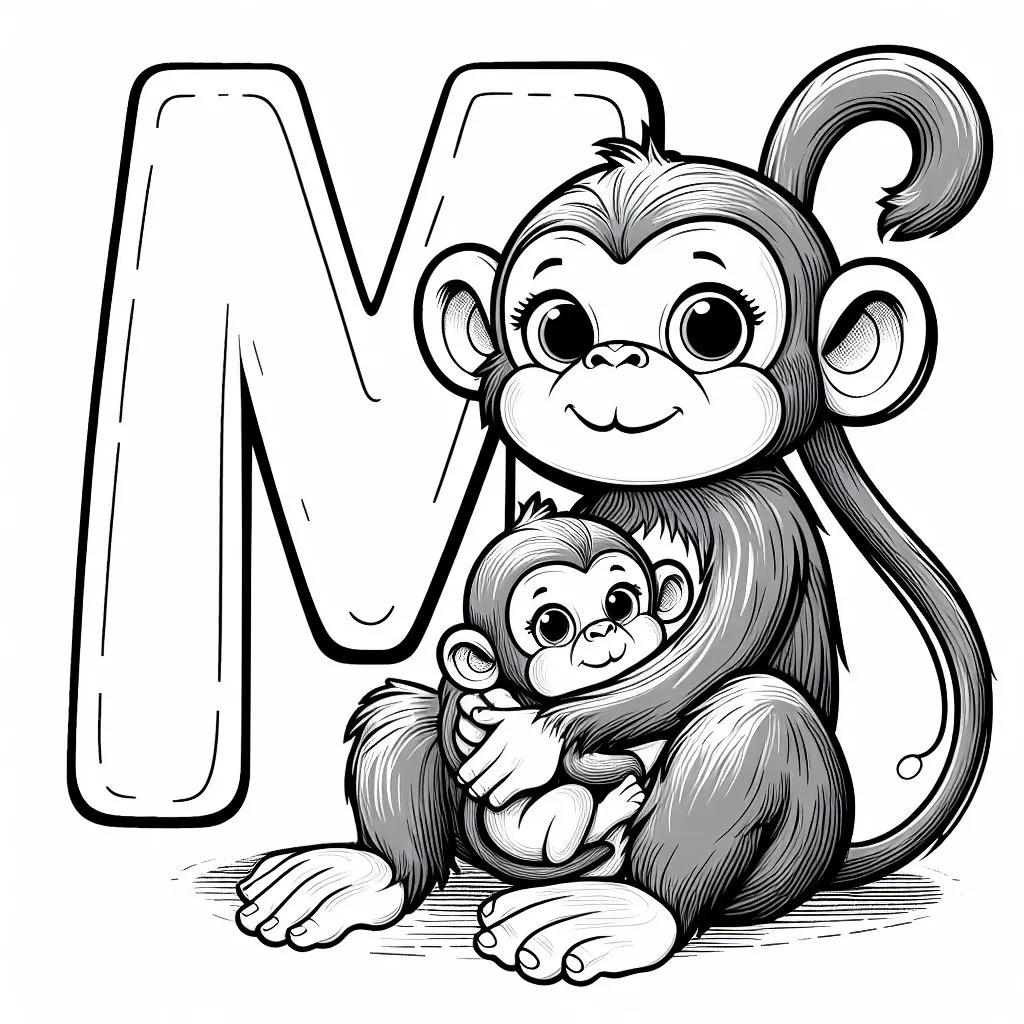 Monkey with Letter M 🐒🔠 Coloring Page