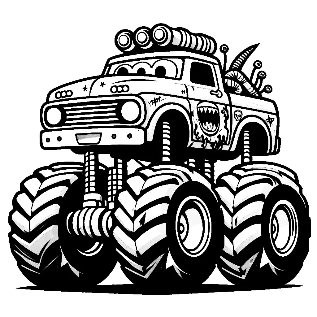 Monster Truck with Three Eyes 🚚👹 Coloring Page