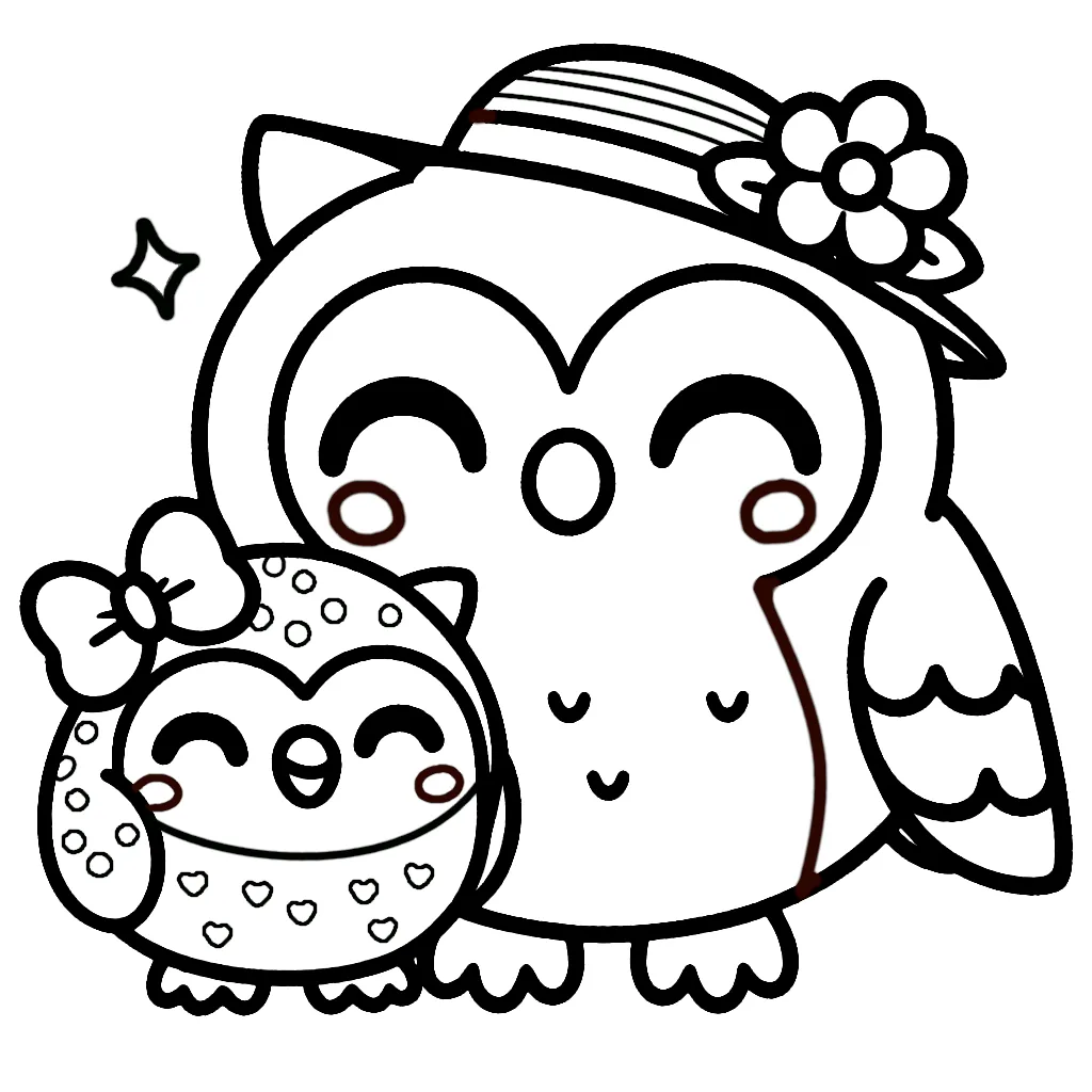 Mother Owl with Hat with Flower and Baby Owlet with Bow 🦉💐🌟 Coloring Page
