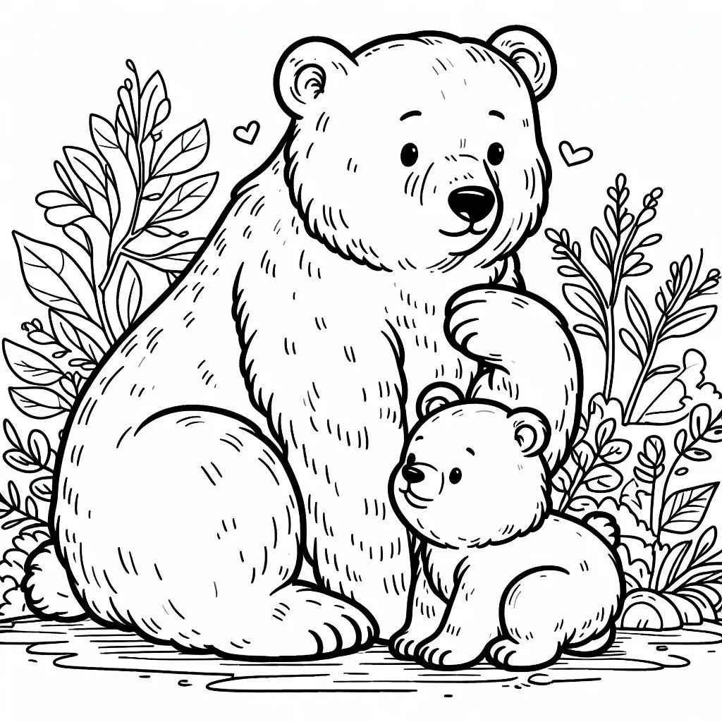 Mother Bear with Cute Baby Cub in Nature 🐻👶🌿 Coloring Page