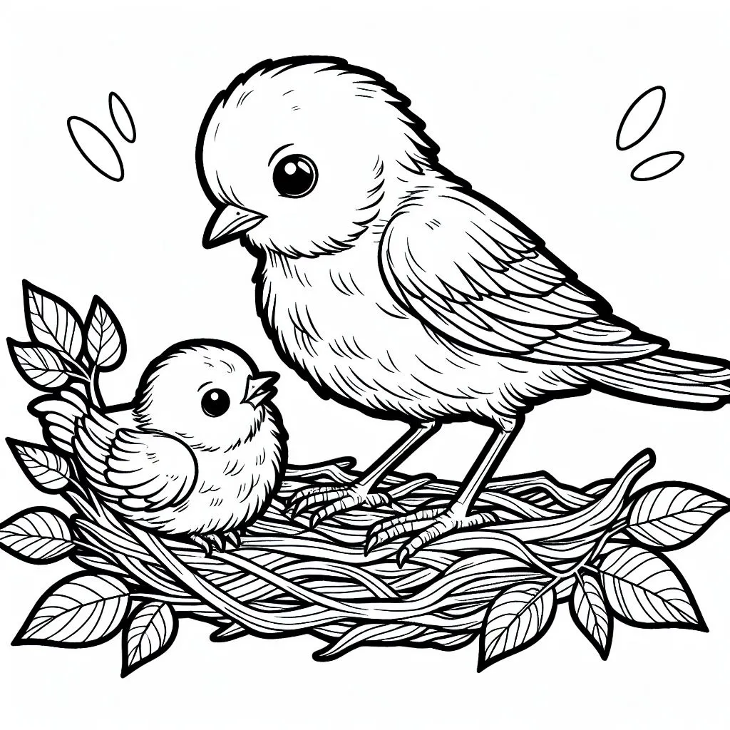 Mother Bird with Baby Bird on a Tree with Leaves 🐦👶🌳 Coloring Page