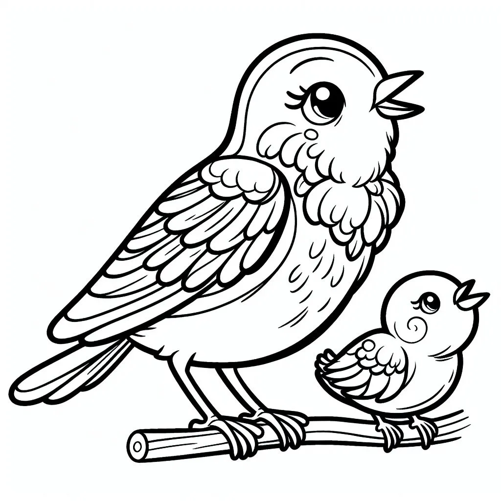 Mother Bird with Baby Bird Singing a Song on a Tree Branch 🐦👶🎶🌳 Coloring Page
