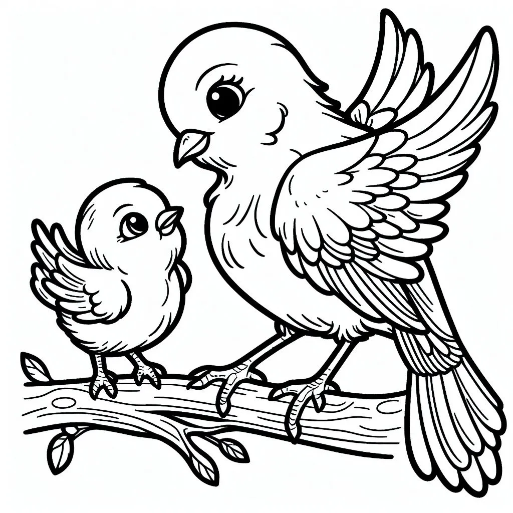 Mother Bird with Baby Bird Sitting on a Tree Branch 🐦👶🌳 Coloring Page
