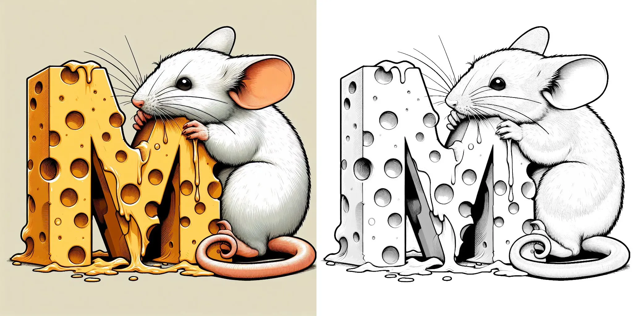 Mouse Eating Cheese Letter M 🐭🧀 Coloring Page