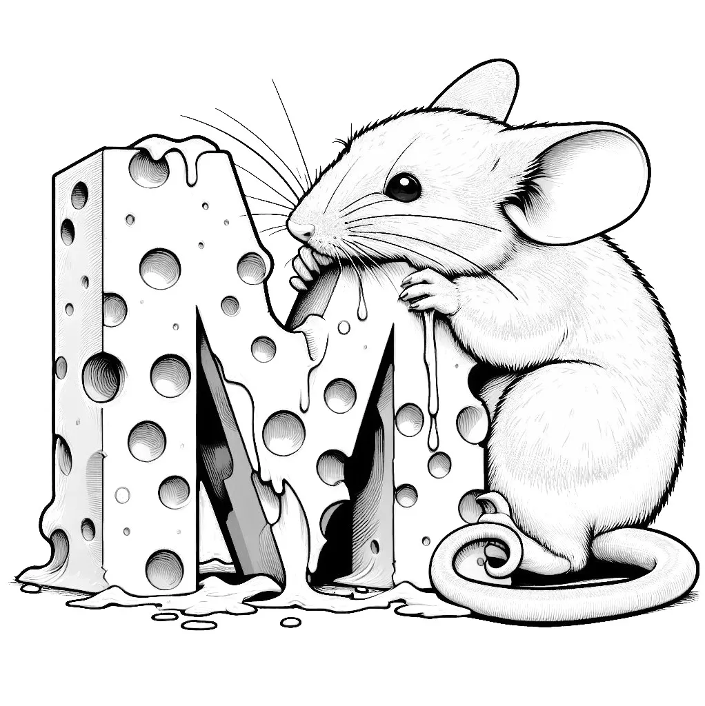 Cute Mouse Eating Cheese Letter M 🐭🧀 Coloring Page