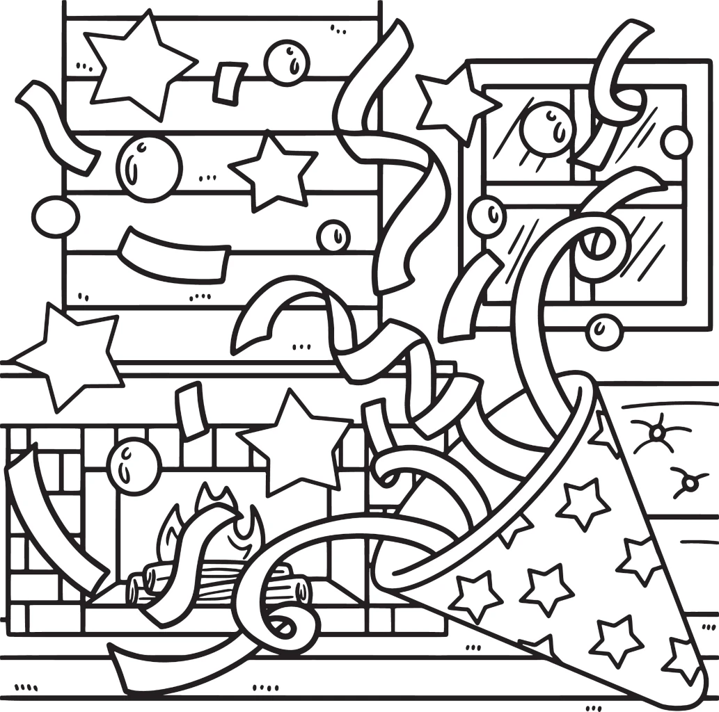 New Year or Birthday Party Confetti Popper Blowing, in Front of Cozy Fireplace 🎉✨🔥 Coloring Page