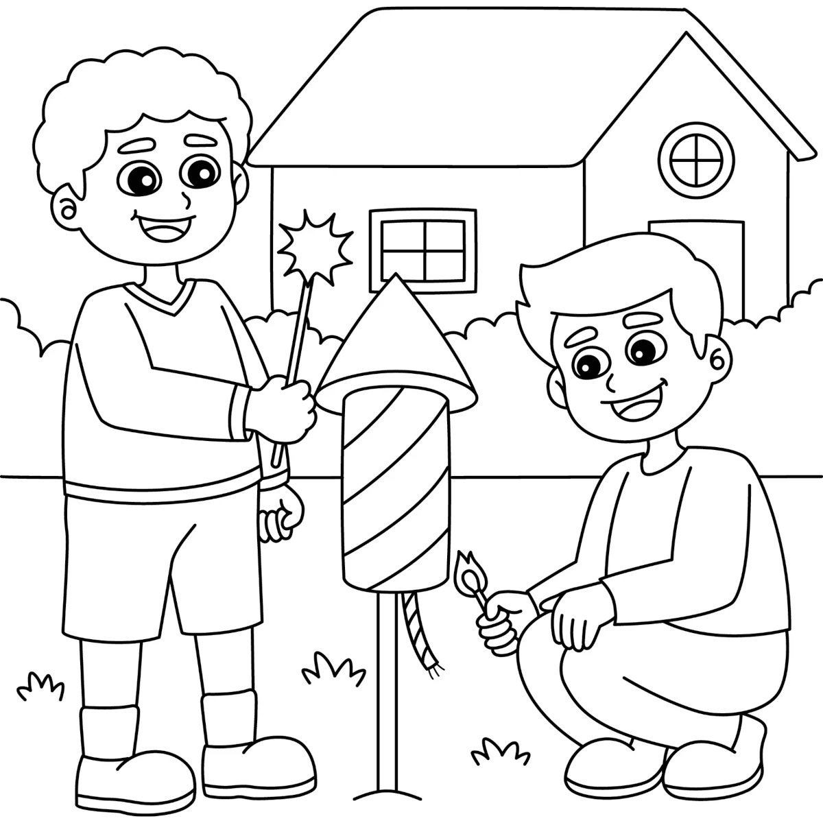 New Year Boys Launching Fireworks Outside in the Garden 🎆💥 Coloring Page