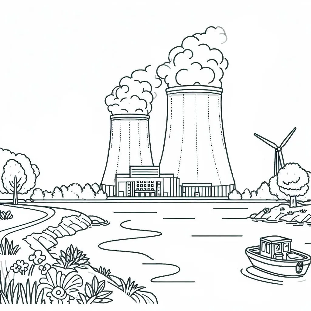Nuclear Power Plant next to River 🏭🏞️ Coloring Page