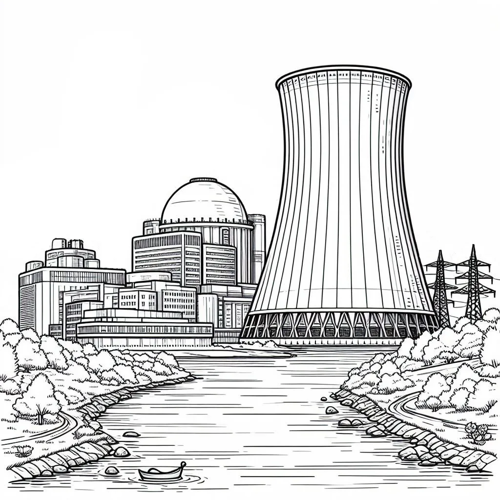 Nuclear Power Plant next to River 🏭🏞️ Coloring Page