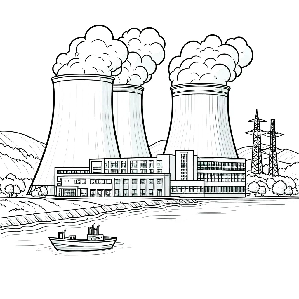 Nuclear Power Plant next to River 🏭🏞️ Coloring Page