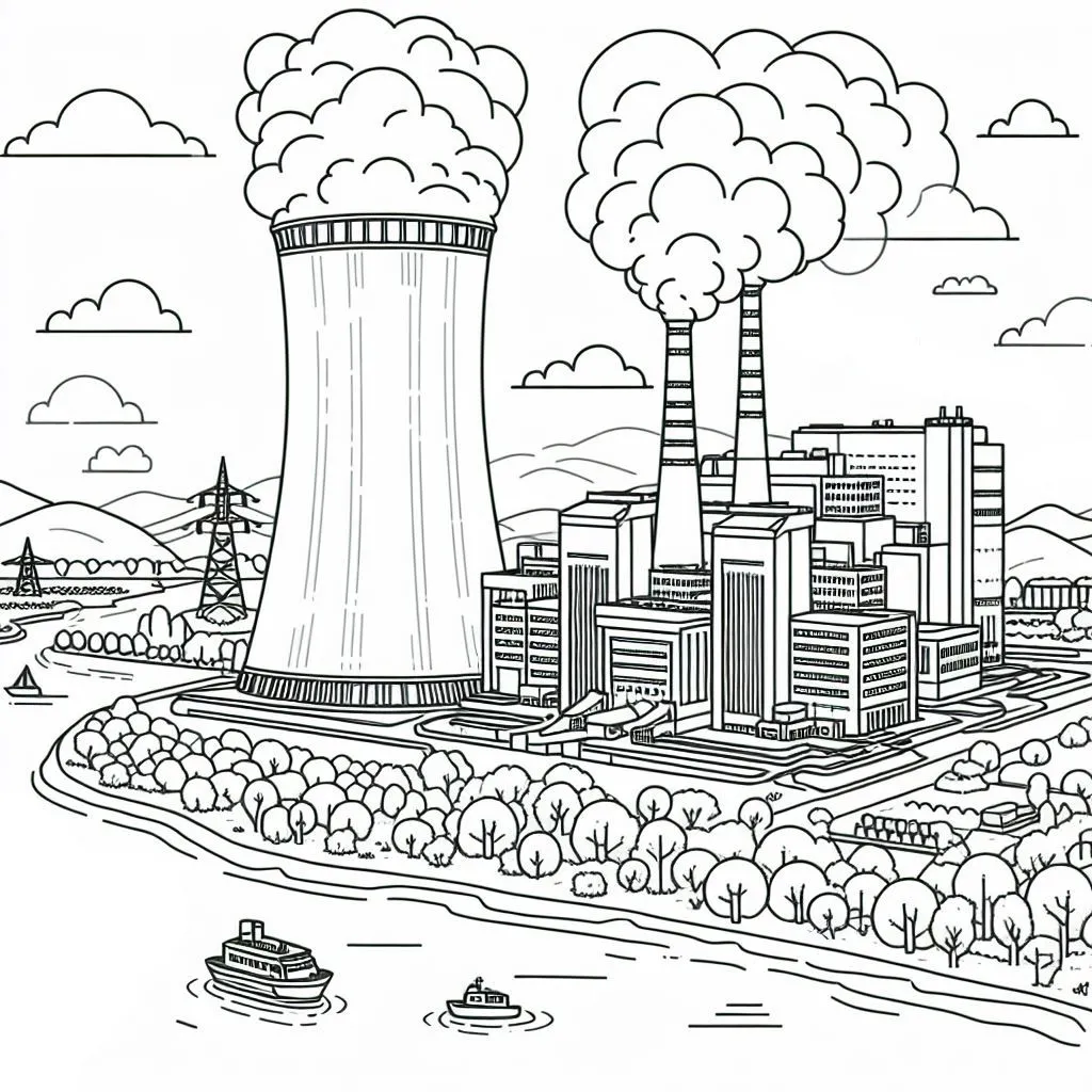 Nuclear Power Plant next to River 🏭🏞️ Coloring Page