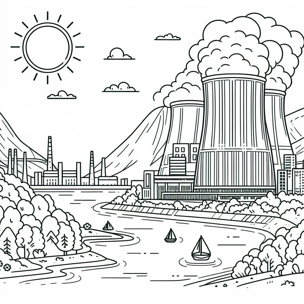 Nuclear Power Plant next to River 🏭🏞️ Coloring Page