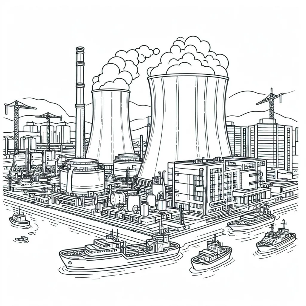 Nuclear Power Plant next to River 🏭🏞️ Coloring Page
