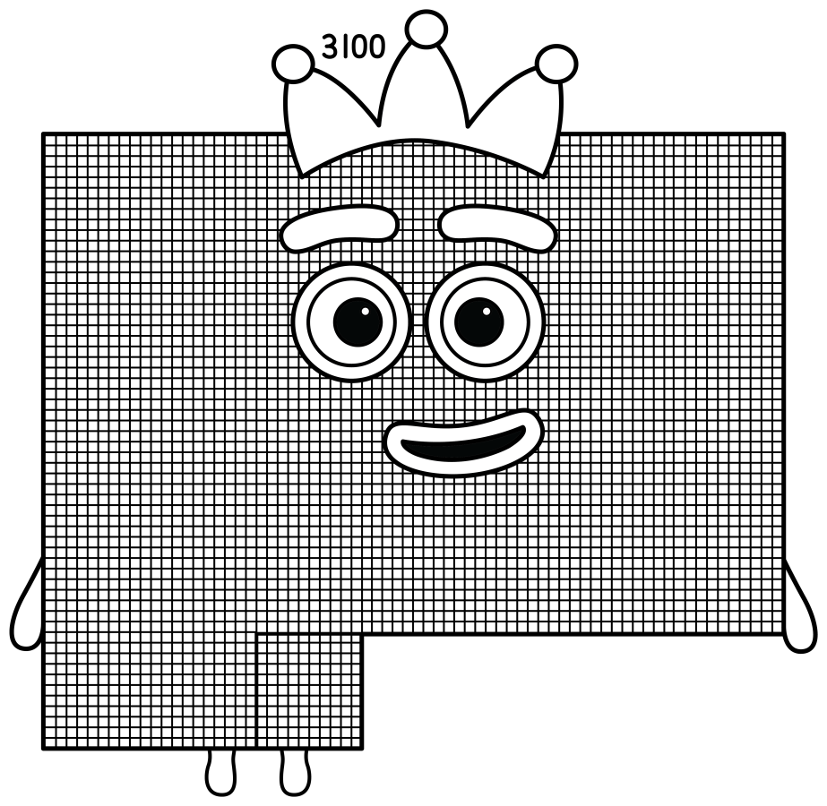 Numberblock 3100 with a Friendly Face and Crown 👑🔢😊 Coloring Page