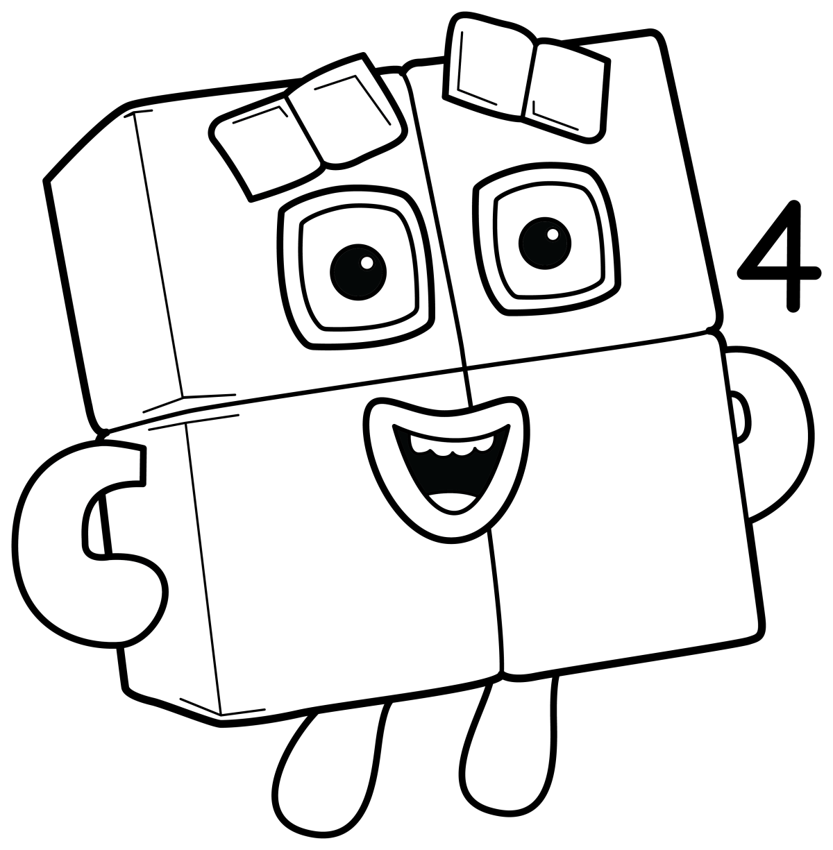 Numberblock 4 is a friendly square number with a cheerful face and a love for all things square! 🟢🟩🔲 Coloring Page
