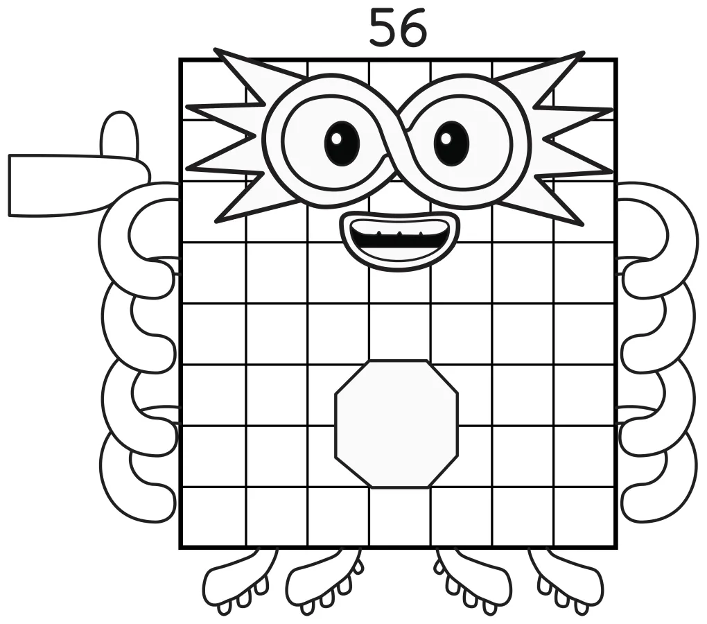 Numberblock 56 with a Friendly Face and Rainbow Details 🌈🔢 Coloring Page