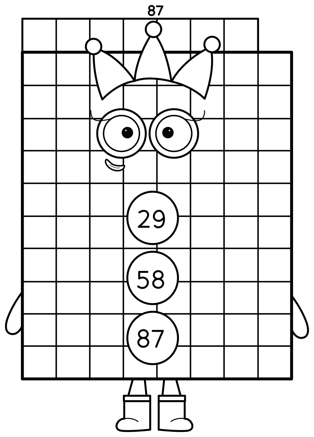 Numberblock 87 with a Rainbow Crown and Number Stack 🎭🎨 Coloring Page