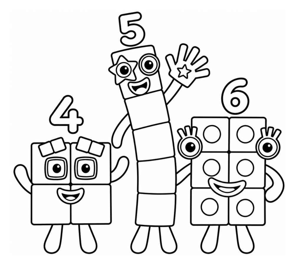 Numberblocks Four, Five, and Six 🔢✨🖐️ Coloring Page