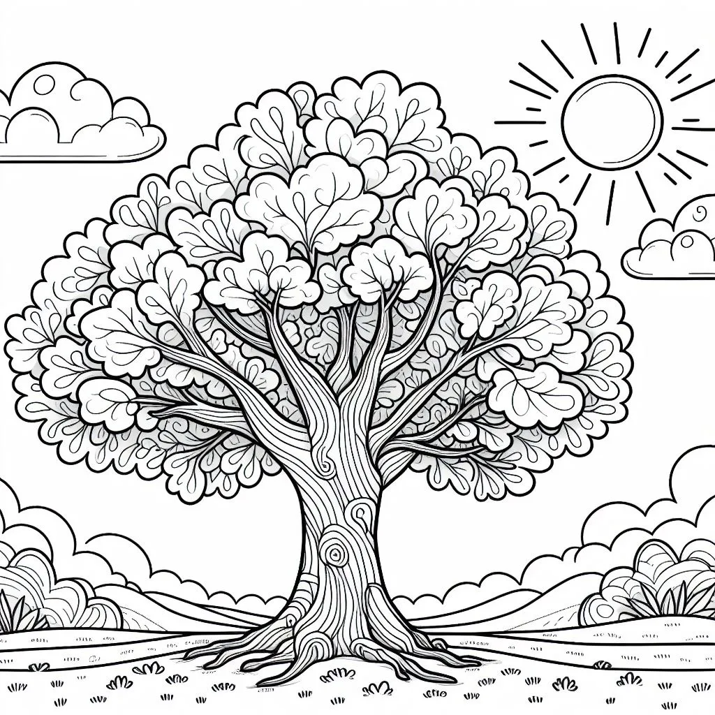 Oak Tree in Summer 🌳☀️ Coloring Page
