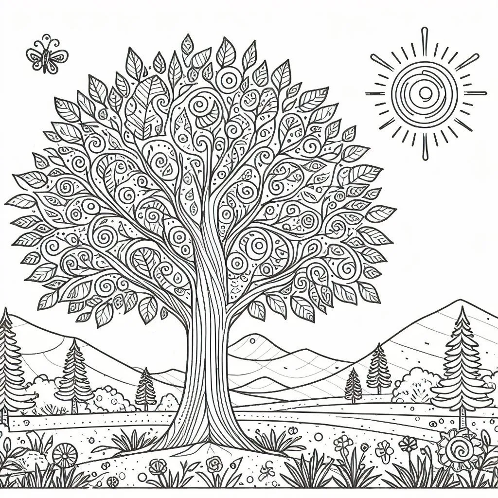 Oak Tree with Sun 🌳☀️ Coloring Page