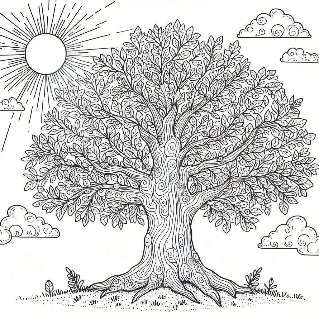 Oak Tree in Summer 🌳☀️ Coloring Page