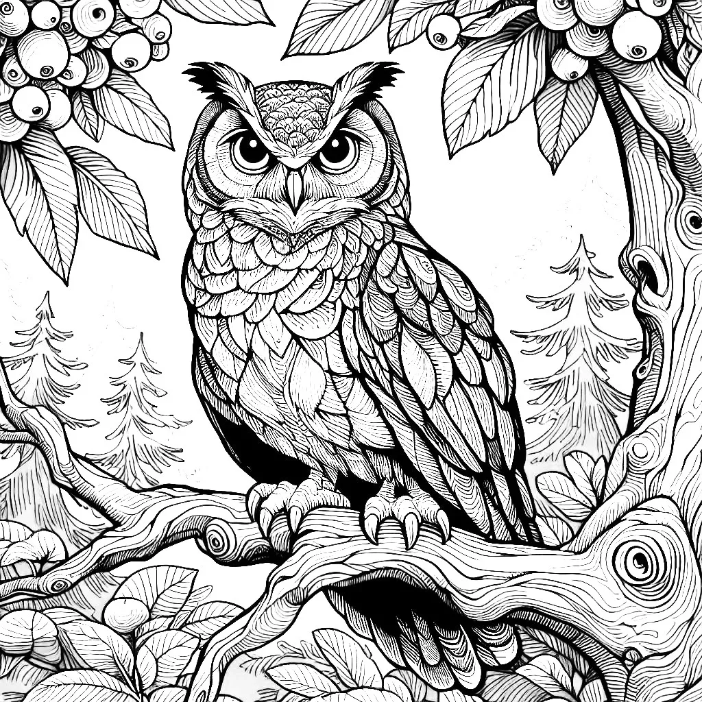 Owl on a Tree Branch with Berries in Forest 🦉🌳🍇 Coloring Page
