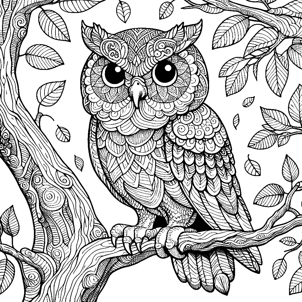 Owl on a Tree Branch with Leaves 🦉🌳🍃 Coloring Page