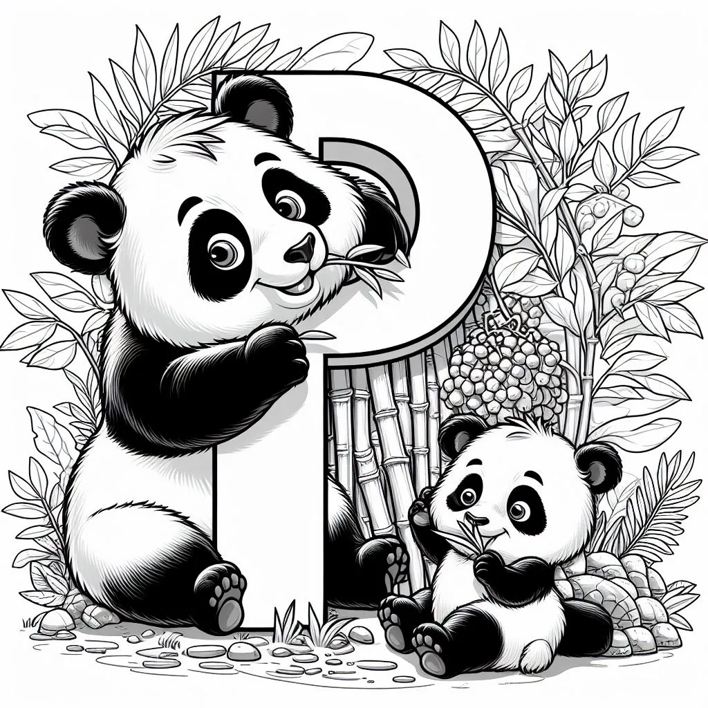 Panda with Baby and Letter P Eating Bamboo 🐼👶🎋 Coloring Page