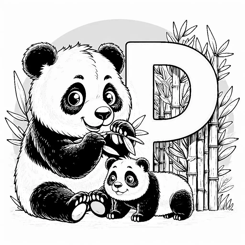 Panda with Baby and Letter P Eating Bamboo 🐼👶🎋 Coloring Page