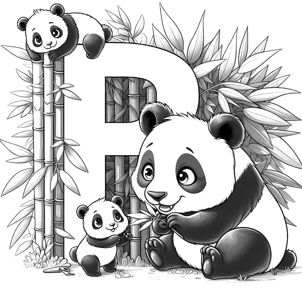 Panda with Baby and Letter P Eating Bamboo 🐼👶🎋 Coloring Page