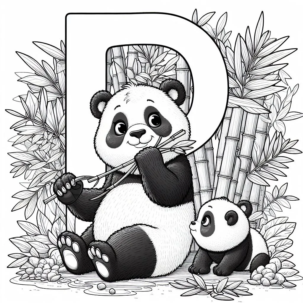 Panda with Baby and Letter P Eating Bamboo 🐼👶🎋 Coloring Page