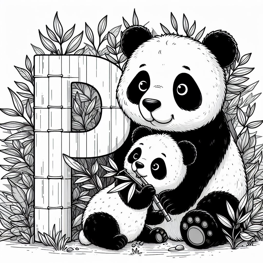 Panda with Baby and Letter P Eating Bamboo 🐼👶🎋 Coloring Page