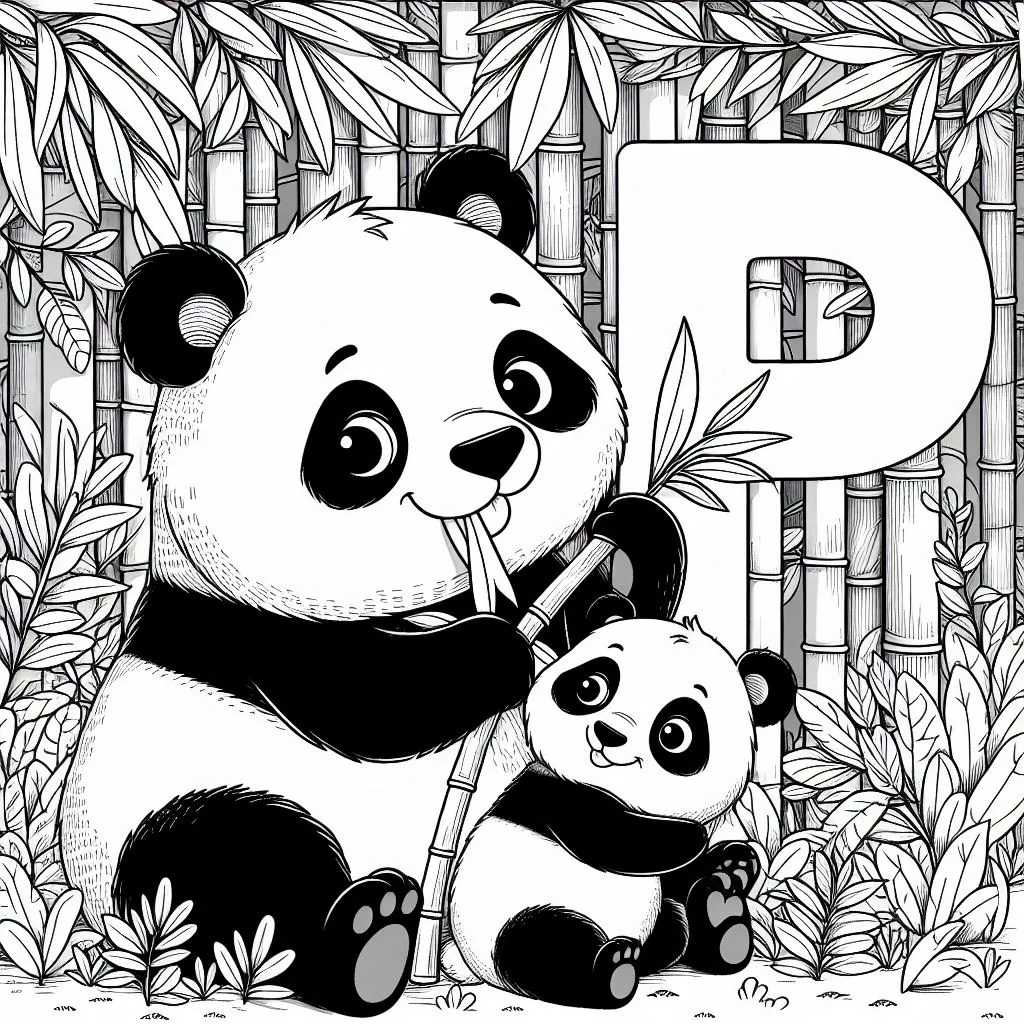 Panda with Baby and Letter P Eating Bamboo 🐼👶🎋 Coloring Page
