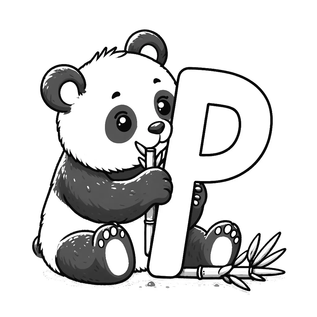 Cute Panda Eating Bamboo with Letter P 🐼🎋 Coloring Page