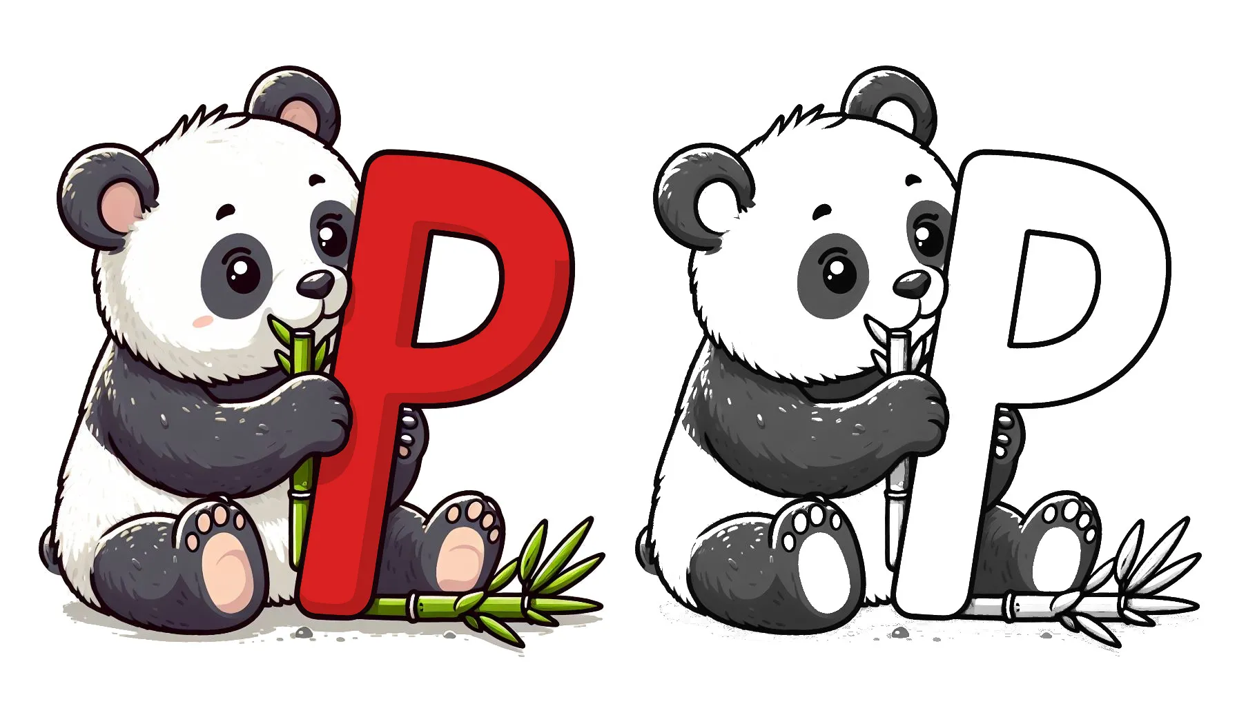 Cute Panda Eating Bamboo with Letter P 🐼🎋 Coloring Page