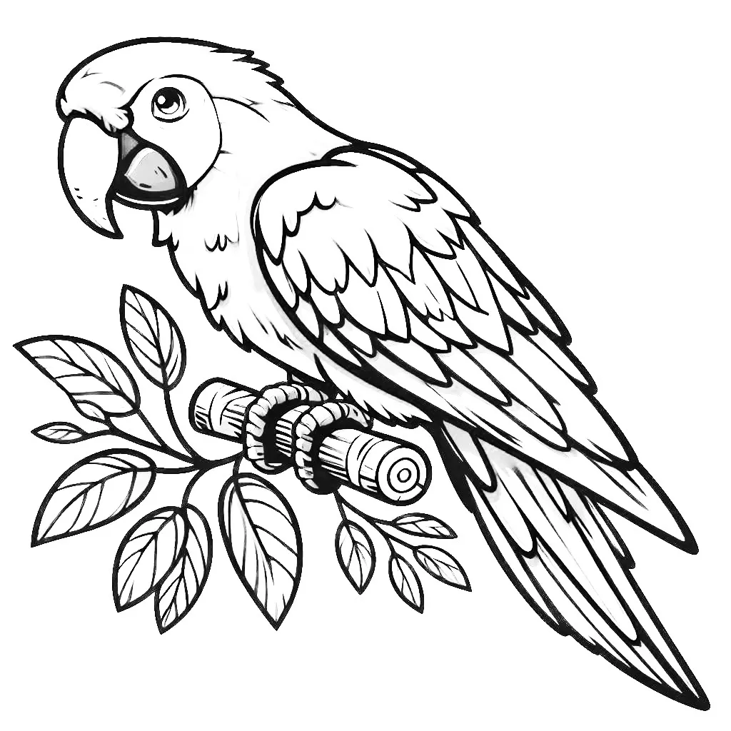 Parrot Bird on Branch with Leaves 🌿🌳🦜 Coloring Page