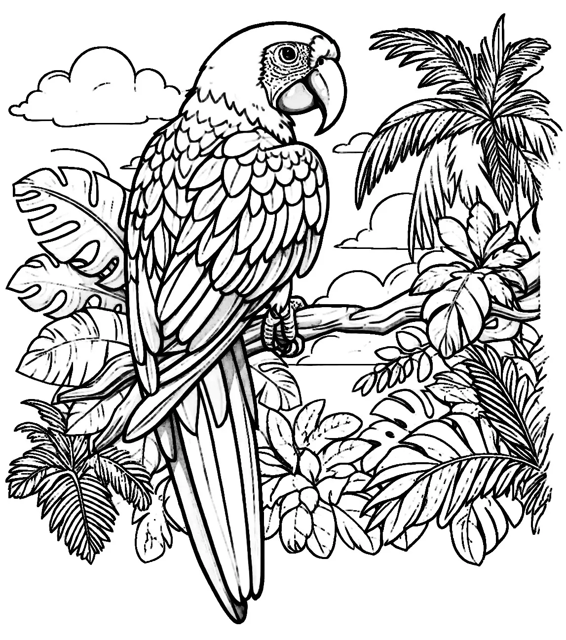 Parrot Macaw Bird in Jungle 🌿🌳🦜 Coloring Page