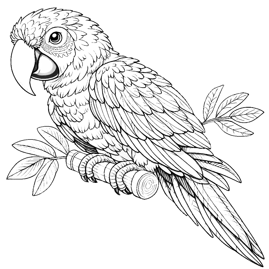 Parrot Scarlet Macaw on Tree Branch with Leaves 🦜🌿🍃 Coloring Page