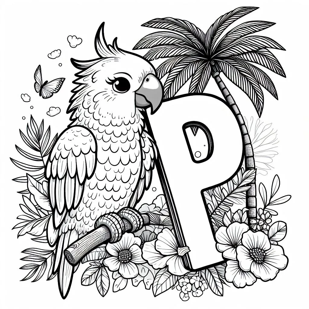 Parrot with Letter P, Palm Tree, Flowers and Butterflies 🦜🌴🌺🦋 Coloring Page
