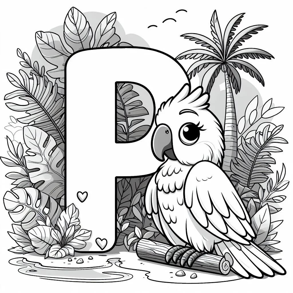 Cute Parrot with Letter P 🦜 Coloring Page