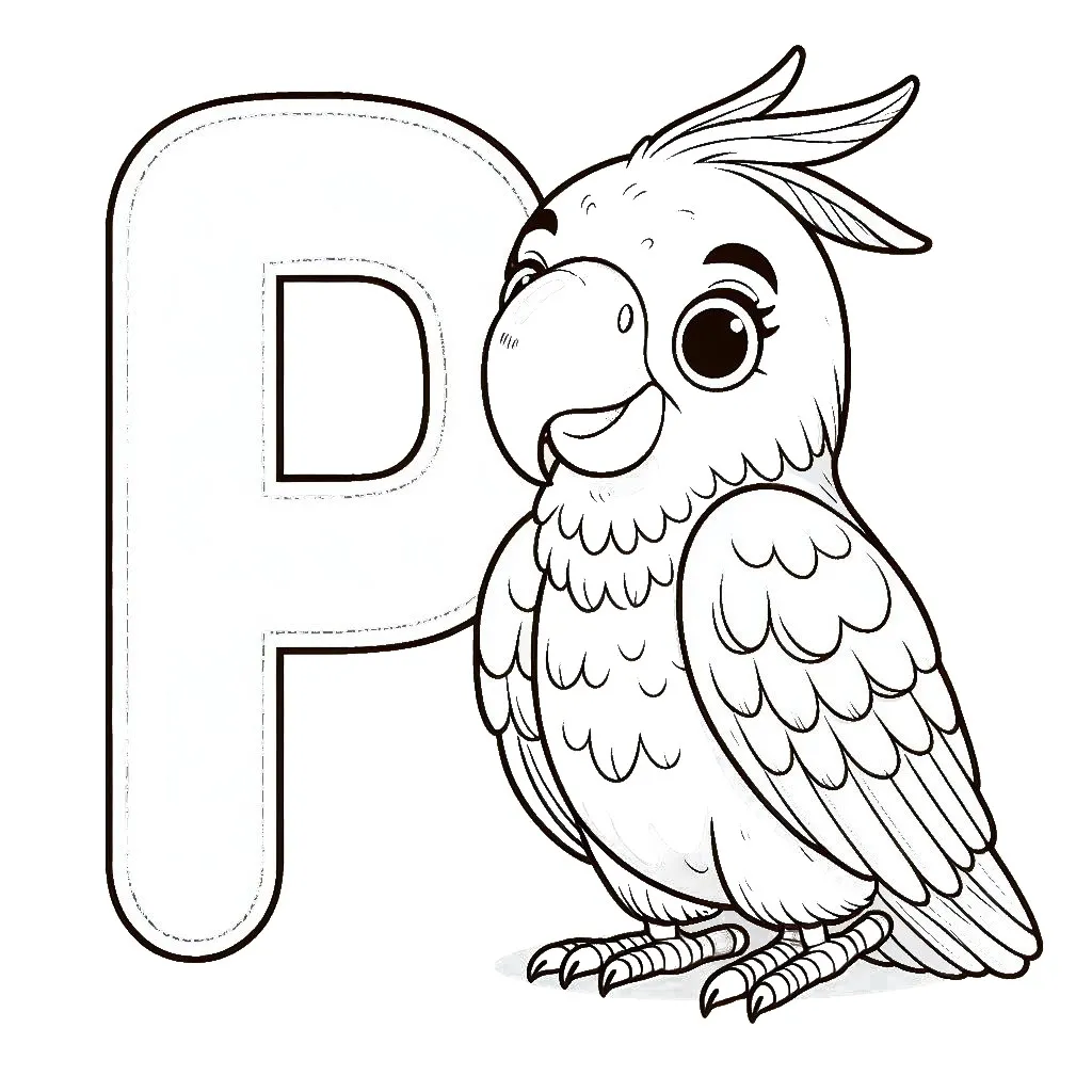 Cute Parrot with Letter P 🦜 Coloring Page